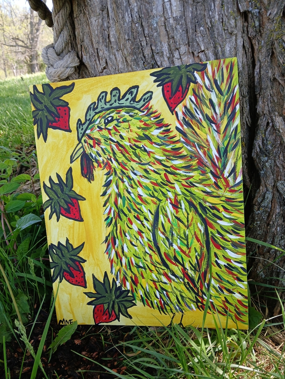 Green Chicken And Strawberries Painting Folk Art